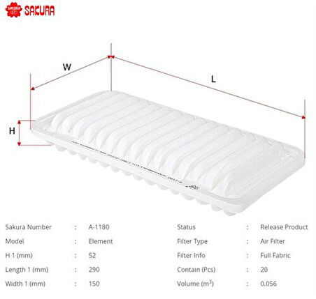 Sakura A1180 Hava Filtresi.Japon Corolla(E12) Avensis(T25) 1.6-1.8-2.0 03-08 Verso(E12 R1) 1.6-1.8 02-08 1.4 1.6 02-05 1780122020