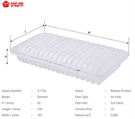 Sakura A1192 Hava Filtresi.Japon Corolla(E12) Avensis(T25) 2.0 D4D 03-05 Verso(E12) 2.0 D4D 02-04 1.4 D4D 04-05 1780127020