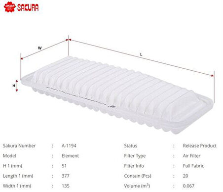 Sakura A1194 Hava Filtresi.Japon RAV4(A2) 2.0 01-04 1780128010