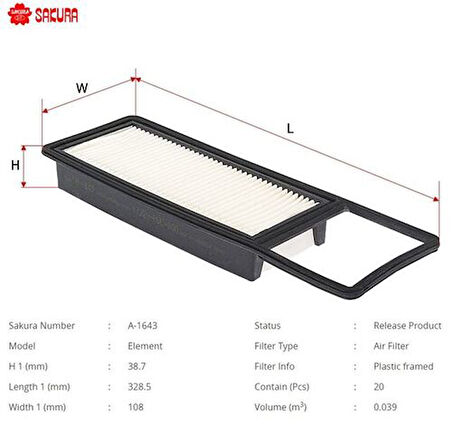 Sakura A1643 Hava Filtresi.Japon Jazz(Gd) 1.4 02-03 17220PWC000