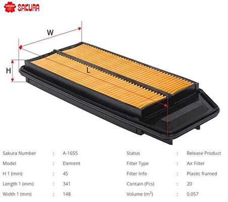 Sakura A1655 Hava Filtresi.Japon Accord(Cl) 2.0 2.4 03-07 17220RAAY00