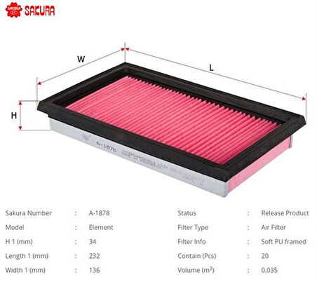 Sakura A1878 Hava Filtresi Soft Tip Metal Çerçeve Japon Qashqai(J10) Note(E11) 1.6 06-13 Micra(K12) 1.6 05-10 1.5 DCI 07-12 16546ED000