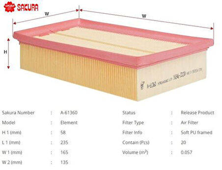 Sakura A61360 Hava Filtresi.Japon Qashqai(J10) XTrail(T31) 07-13 1.6 2.0 1.6 DCI 2.0 DCI 07-12 16546JD20A