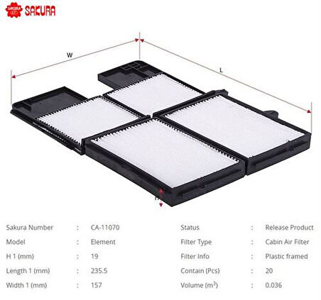 Sakura CA11070 Polen Filtresi.Japon Avensis(T22) Carina E(T19) 2.0 94-97 1.8 2.0 97-01 8888020060