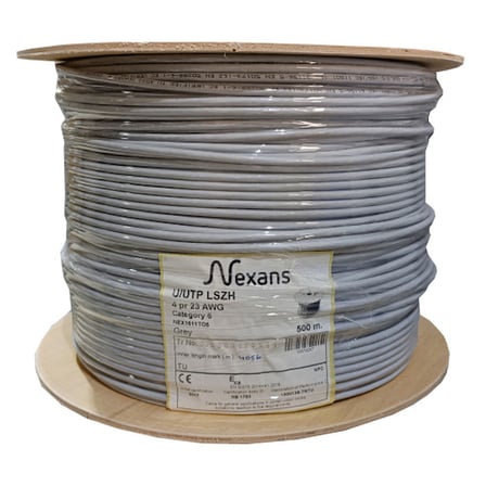 NEX1611TO5, CAT6, 500M, 23AWG (0,58mm), UTP, %100 Bakır, LSZH Halogen Free, Makara, Kablo (GRİ)