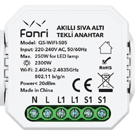 FONRİ WF3-EL3-0201-09 WIFI KABLOSUZ CPO01 AKILLI SIVAALTI TEKLİ ANAHTAR