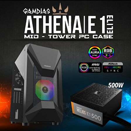 GAMDIAS ATHENA E1 Elite, 500W, Tempered Glass, Mesh, ARGB, ATX GAMING KASA