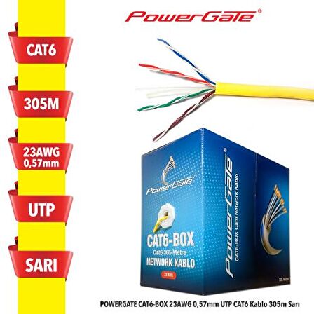 POWERGATE CAT6-BOX-YL, 23AWG, 0,57mm, UTP, CAT6 Kablo, 305m, Sarı