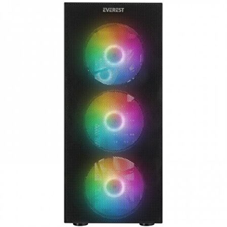 EVEREST FACED-V1, Mesh, Power YOK, 4x12cm Sabit Rainbow Fan, Temperli Cam Yan Panel, ATX, GAMING KASA