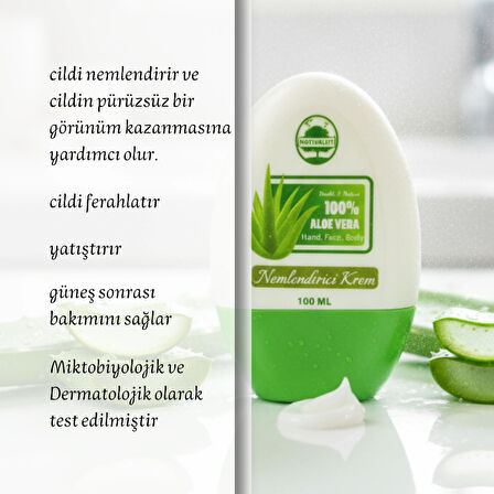 Aloe Vera Nemlendirici Krem – Cildi Yatıştırır ve Derinlemesine Nemlendirir | Hafif Yapı | Doğal İçerik | Yüz ve Vücut Kullanımı | Kuru ve Hassas Ciltler İçin Uygun |100 ml