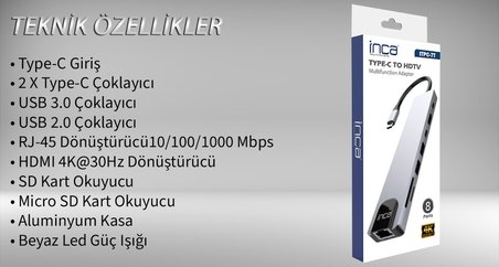 Inca ITPC-7T 8 Port Type-C Hub ve HDMI 4K Alüminyum Çoklayıcı