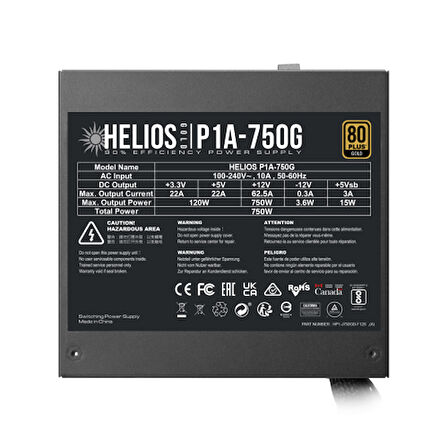 GAMDIAS HELIOS P1A-750G, 750W, 80+ Gold, Aktif PFC, GAMING, ATX, Power Supply (PSU)