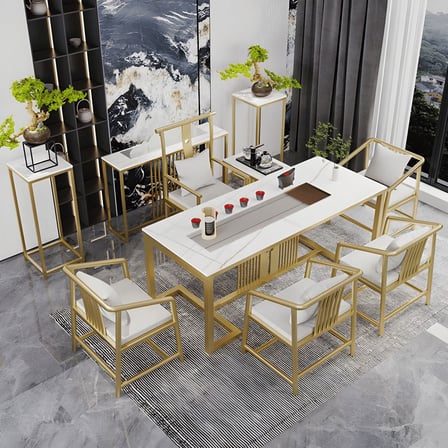 YMK6811 Modern Glam Dikdörtgen Yemek Masası, MDF Tabla, Altın Ayaklı