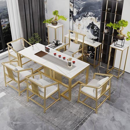 YMK6811 Modern Glam Dikdörtgen Yemek Masası, MDF Tabla, Altın Ayaklı