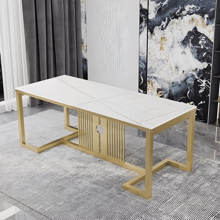 YMK6811 Modern Glam Dikdörtgen Yemek Masası, MDF Tabla, Altın Ayaklı