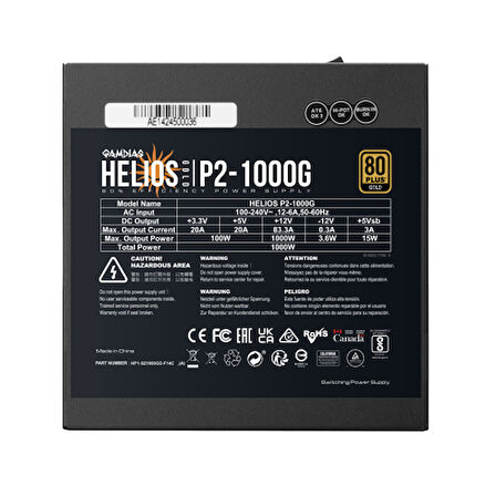 GAMDIAS HELIOS P2-1000G, 1000W, 80+ Gold, Full Modüler, Aktif PFC, GAMING, ATX, Power Supply (PSU)