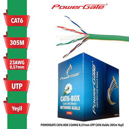  CAT6-BOX-GN, 23AWG 0,57mm, UTP, CAT6 Kablo, 305m, Yeşil