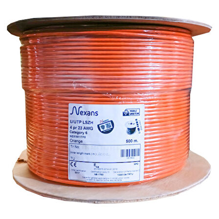  NEX1611TF5, CAT6, 500M, 23AWG (0,58mm), UTP, %100 Bakır, LSZH Halogen Free, Makara, Kablo (Turuncu)
