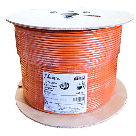  NEX1611TF5, CAT6, 500M, 23AWG (0,58mm), UTP, %100 Bakır, LSZH Halogen Free, Makara, Kablo (Turuncu)