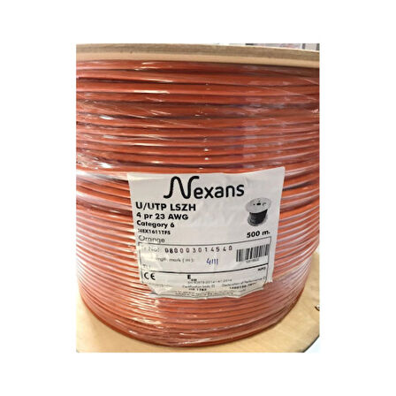  NEX1611TF5, CAT6, 500M, 23AWG (0,58mm), UTP, %100 Bakır, LSZH Halogen Free, Makara, Kablo (Turuncu)