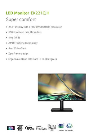 K221QHBI 21.5" 1MS 100Hz FHD VGA/HDMI Vesa LED Monitör Siyah [UM.WE1EE.H01]