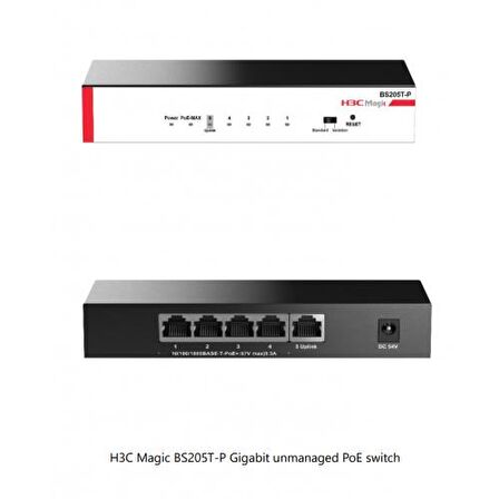 H3C Magic BS205T-P, 5 Port, GigaBit, 4 Port PoE, 57W, +1 Port GigaBit Uplink, Metal Kasa, Yönetilemez, Masaüstü Switch