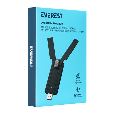 Everest EWA1800 Network Kartı 1800 Mbps WiFi 6 Dual Band USB 3.0