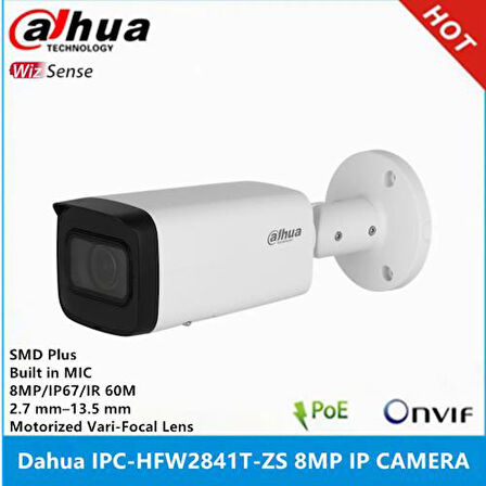 IPC-HFW2841T-ZAS-27135 8Mpix, 2,7-13,5mm  Motoriz Lens, H265+, 80Mt Gece Görüşü, Dahili Mikrofon, Starlight, IP67,  PoE Bullet IP Kamera