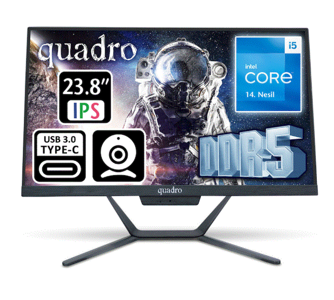 Quadro Stark All-In-One PC Siyah 23.8" IPS Intel Core i5-14400 8GB RAM 512GB SSD Freedos DDR5