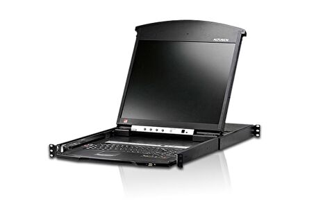 KL1516AIM Çift Sürgülü Kasaya Sahip, 17" LCD Ekran, Türkçe Klavye ve Touchpad'i Bulunan 16 Port Cat 5 KVM Over the Net, Konsol Sayısı 2 (İlave konsol portu sayesinde ikinci bir lokal kullanıcı çalışabilir.)