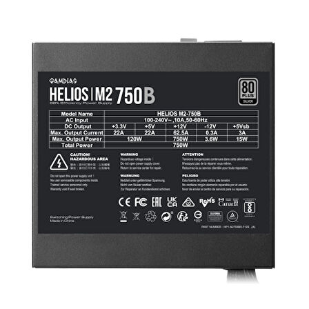 GAMDIAS HELIOS M2-750B, 750W, 80+ Silver, Aktif PFC, GAMING, ATX, Power Supply (PSU)