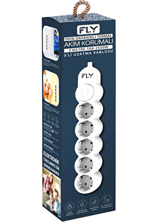  3394-01, 5 Soket, Akım Korumalı Priz, 2.1A, Anahtarlı, 2Mt Kablo, (Beyaz)