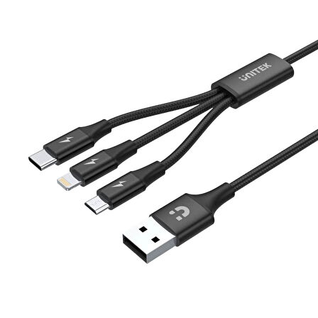 UNITEK USB-A 3in1 HIZLI ŞARJ KABLOSU 1.2MT 2.4A MICRO USB, TYPE-C, LIGHTNING (C14049BK)