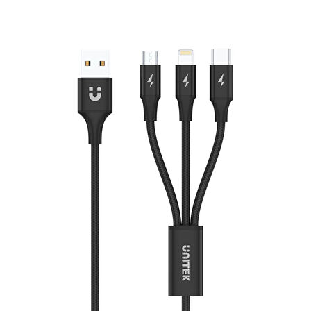 UNITEK USB-A 3in1 HIZLI ŞARJ KABLOSU 1.2MT 2.4A MICRO USB, TYPE-C, LIGHTNING (C14049BK)