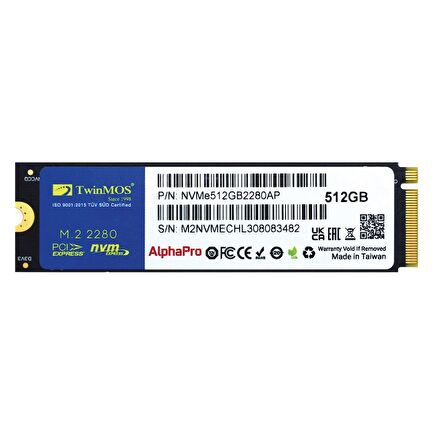 NVMe512GB2280AP, AlphaPro, 512GB, M.2  PCIe NVMe, Gen3, SSD, 3600-3250Mb/s, TLC 3DNAND