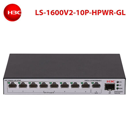 H3C S1600V2-10P-HPWR, 8 Port, GigaBit, PoE 125W, L2, 1 Port GigaBit Uplink, 1 Port GigaBit SFP, Web Yönetilebilir, Masaüstü Switch