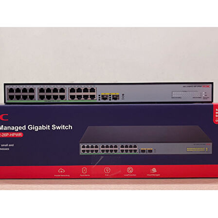H3C S1600V2-26P-HPWR, 24 Port, GigaBit, PoE 370W, L2, 2 Port GigaBit SFP, Web Yönetilebilir, Masaüstü Switch