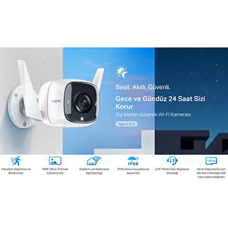  Tapo C310, 3,0Mpix, İç ve Dış Mekan, IP66, WiFi, 30Mt. Gece Görüşü, İki Yönlü Ses Güvenlik Kamerası