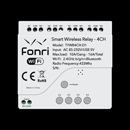 FONRİ WF3-TM4-0201-01 WIFI KABLOSUZ AKILLI KABLOSUZ RÖLE - 4 KANAL