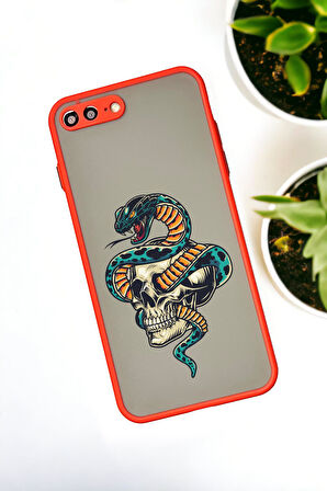 iPhone 8 Plus Uyumlu Skull & Snake Desenli Buzlu Şeffaf Lüx Telefon Kılıfı