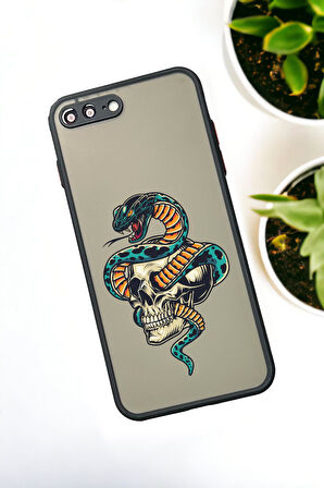 iPhone 8 Plus Uyumlu Skull & Snake Desenli Buzlu Şeffaf Lüx Telefon Kılıfı