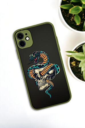 iPhone 11 Uyumlu Skull & Snake Desenli Buzlu Şeffaf Lüx Telefon Kılıfı