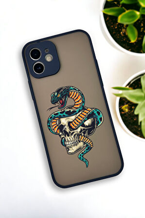 iPhone 12 Uyumlu Skull & Snake Desenli Buzlu Şeffaf Lüx Telefon Kılıfı