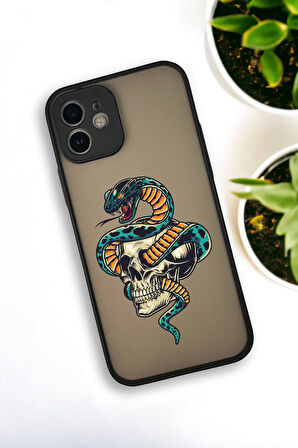 iPhone 12 Uyumlu Skull & Snake Desenli Buzlu Şeffaf Lüx Telefon Kılıfı
