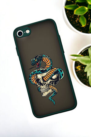 iPhone 8 Uyumlu Skull & Snake Desenli Buzlu Şeffaf Lüx Telefon Kılıfı