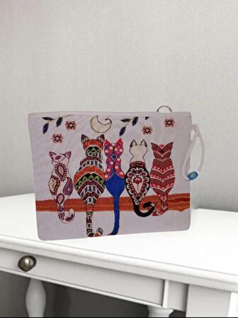 Skyfeel Kedi Desenli Clutch Çanta