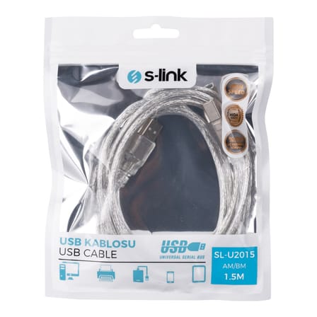 S-LINK SL-U2015 1.5m Şeffaf USB2.0 Yazıcı Kablosu