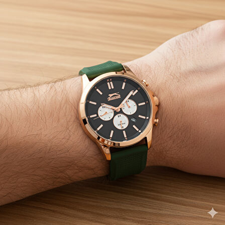 Slazenger SL.09.1829.2.05 Erkek Kol Saati | 45 mm Rosegold Kasa, Yeşil Silikon Kordon, Multifonksiyon