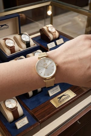 Slazenger Altın Kadın Kol Saati | 31 mm Yuvarlak Kasa, Hasır Kordon, Gümüş Kadran