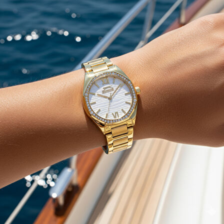 Slazenger SL.09.2301.3.08 Kadın Kol Saati | 35 mm Altın Renk Çelik Kasa, Taşlı Çerçeve